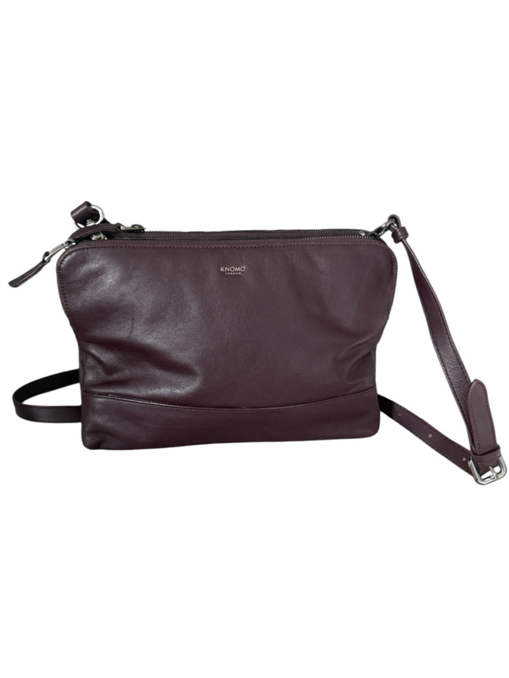 KNOMO London Burgundy Leather Crossbody Bag Minimalist Zip Top Shoulder Purse